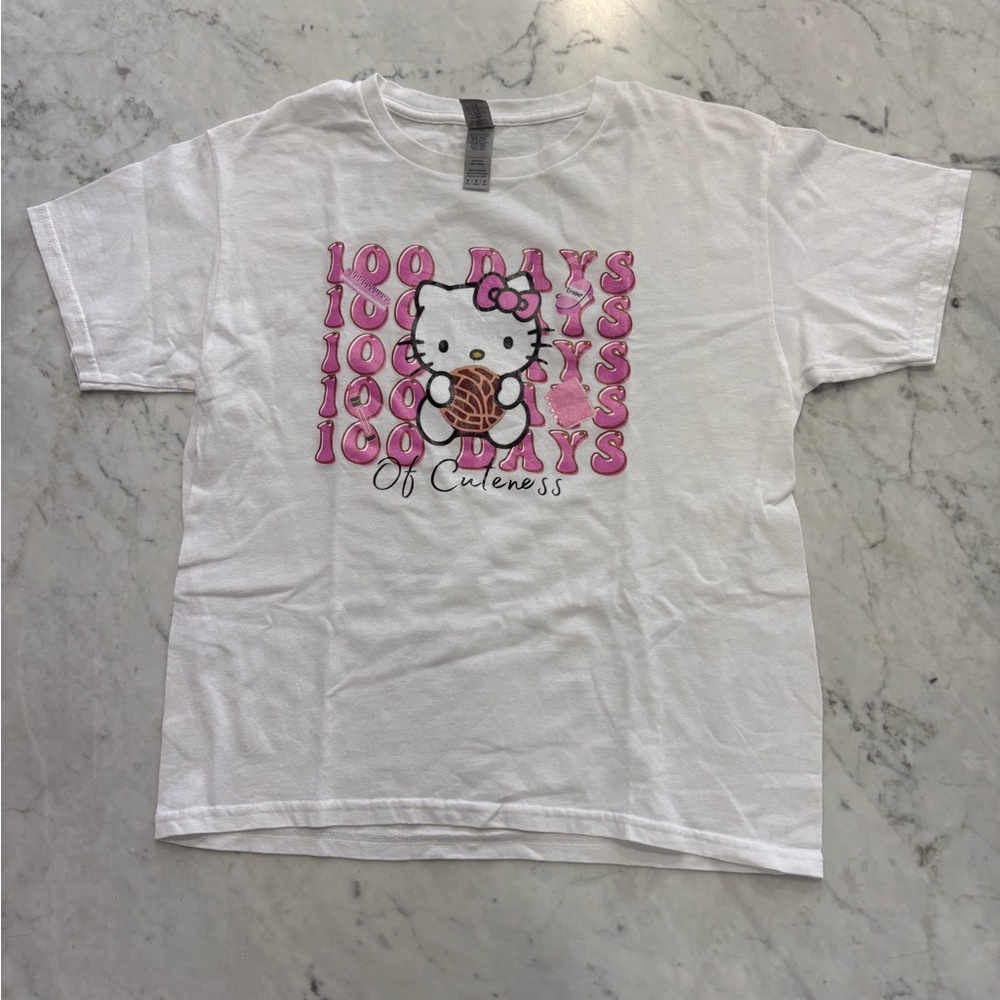 Gildan White Tee with Pink Hello Kitty 100 Days of Cuteness Graphic Tee